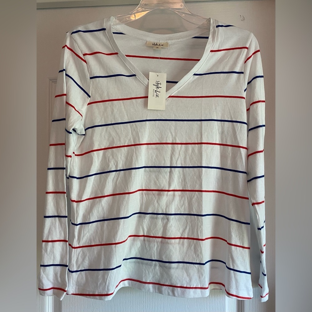 New White Longsleeve w Red and Blue stripes
